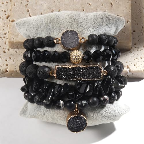 Yomisa 5PCS 6PCS Natural Boho Beaded Bracelets/Bangle for Women Men,Healing Turquoise Jasper Agate Crystal Gemstone Stone Chakra Multilayer Wrap Bohemian Handmade Jewelry Beads Stretch Bracelet Set - color: 5PCS-Black