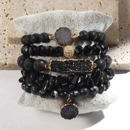 Yomisa 5PCS 6PCS Natural Boho Beaded Bracelets/Bangle for Women Men,Healing Turquoise Jasper Agate Crystal Gemstone Stone Chakra Multilayer Wrap Bohemian Handmade Jewelry Beads Stretch Bracelet Set - color: 5PCS-Black