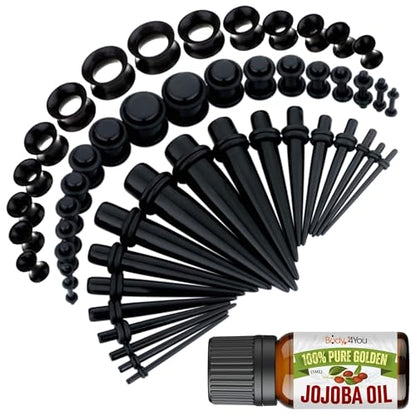 BodyJ4You 54PC Ear Stretching Kit 14G-12mm - Aftercare Jojoba Oil - Acrylic Plugs Gauge Tapers Silicone Tunnels - Lightweight Expanders Men Women - color: Black