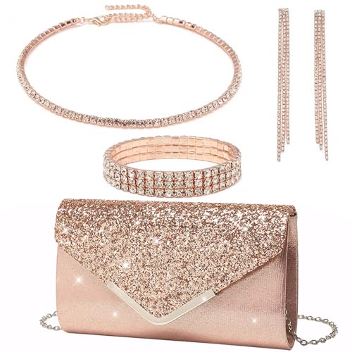 YYW 4 Pieces Women Evening Handbags Clutch Purse Bag with Rhinestone Crystal Jewelry Set for Wedding Party - color: Champagne
