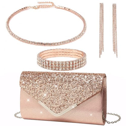 YYW 4 Pieces Women Evening Handbags Clutch Purse Bag with Rhinestone Crystal Jewelry Set for Wedding Party - color: Champagne
