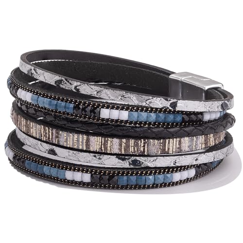 Boho Layered Leather Wrap Bracelets Chunky Western Country Hippie Jewelry | Stackable Bohemian Cowgirl Magnetic Clasp Cuff Bangle Set Fashion Stack Statement Festival Trendy Jewelry Gifts for Women - color: Black