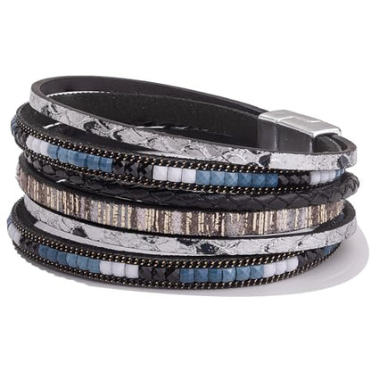 Boho Layered Leather Wrap Bracelets Chunky Western Country Hippie Jewelry | Stackable Bohemian Cowgirl Magnetic Clasp Cuff Bangle Set Fashion Stack Statement Festival Trendy Jewelry Gifts for Women - color: Black