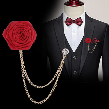 Bridegroom Wedding Brooch, Rose Flower Brooch Lapel Pin Badge Tassel Chain for Men Suit Accessories, Cloth Art Handmade Jewelry - color: Grey