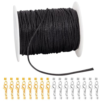 PH PandaHall Waxed Cord with Jewelry Clasp Kit, 50 Yards 2mm Black Waxed Cotton Threads with Lobster Claw Clasps Fold Over Cord Ends Wax Cord Beading String for DIY Bracelet Necklaces Jewelry Making