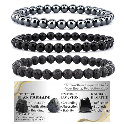 4mm 6mm 8mm Healing Crystal Bracelets for Women Men Natural Stone Beaded Stretch Bracelet Handmade Gemstone Reiki Spiritual Jewelry Gifts - color: Tourmaline+Lava+Hematite-Empath Protection, size: 6mm