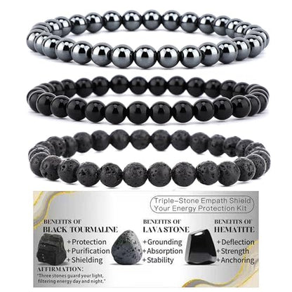 4mm 6mm 8mm Healing Crystal Bracelets for Women Men Natural Stone Beaded Stretch Bracelet Handmade Gemstone Reiki Spiritual Jewelry Gifts - color: Tourmaline+Lava+Hematite-Empath Protection, size: 6mm