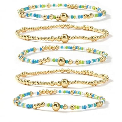Gold Beaded Stackable Friendship Bracelets Set for Women, Handmade Boho Stretch Summer Jewelry Gift. - color: Gold Blue White Green