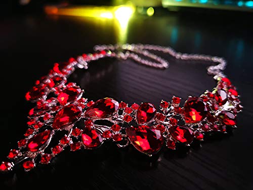 Rhinestone Bridal Jewelry Sets for Women Crystal Necklace Earrings Bracelet Set Silver-Tone Wedding Bridal Bridesmaid Gifts fit with Wedding Dress - color: B:3pcs-Red Tone Necklace + Earrings + Bracelet set