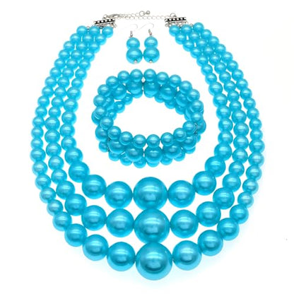 We We Imitation Pearl Necklace for Women Large Chunky Pearl Necklaces Multilayer Pearl Necklace and Earring 1920s Costume Jewelry set - color: sky blue pearl necklace set