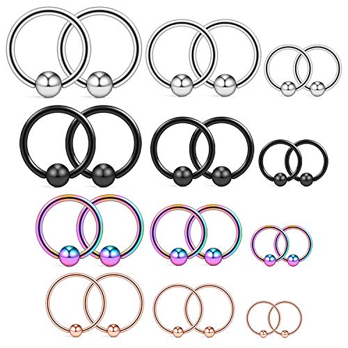 20G 16G 14G 12G Surgical Steel Captive Bead Nose Hoop Septum Earring Eyebrow Tongue Lip Nipple Helix Tragus Piercing Rings 8mm,10mm,12mm,14mm - color: 12PRS - Mix Color