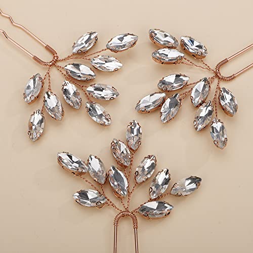 Teyglen 3pcs Bridal Crystal Hair Pins Rhinestones Hair Pieces Simple Crystal Wedding Hair Accessories Handmade Hair Pins for Women Bride Girls (Rose Gold) - color: Rose Gold