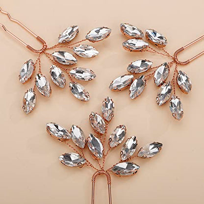 Teyglen 3pcs Bridal Crystal Hair Pins Rhinestones Hair Pieces Simple Crystal Wedding Hair Accessories Handmade Hair Pins for Women Bride Girls (Rose Gold) - color: Rose Gold