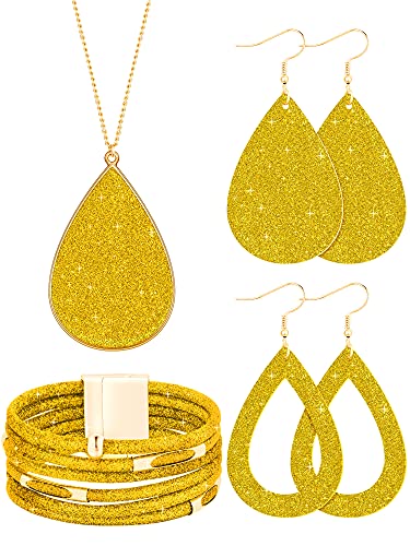 Hicarer 4 Pcs Jewelry Sets for Women Glitter Necklace and Earring Set Multi Layer Bracelet Costume Jewelry Sets for Bridal Shower Wedding - color: Yellow