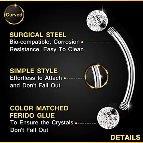 Surgical Steel Curved Barbell Ring 16g 5/16 8mm 3mm Ferido Ball Helix Earring Eyebrow Piercing Jewelry Choose Colors and Size - color: 2pcs 12mm Clear