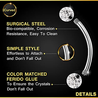 Surgical Steel Curved Barbell Ring 16g 5/16 8mm 3mm Ferido Ball Helix Earring Eyebrow Piercing Jewelry Choose Colors and Size - color: 2pcs 12mm Clear