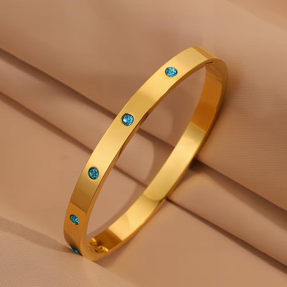 Women’s Gold Bracelet with Blue Crystals – Stainless Steel Slim Hinged Bangle