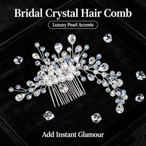 Wedding Hair Comb Pearl Crystal Bridal Hair Piece | Rhinestone Wedding Hair Accessories，Silver Hair Comb Clip for Women Wedding Party - color: Silver-850