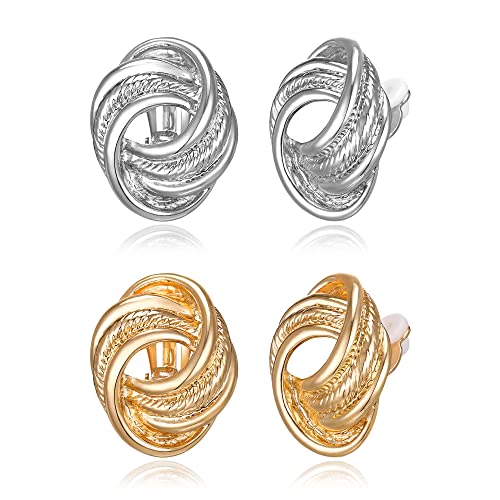 FANZE 2 Pairs Matte Gold Sliver Clip on Earrings for Women No Piercing | No Piercing Button Earring Comfortable Fashion Jewelry Gift - color: Set-5