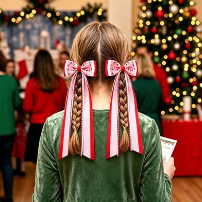 2PCS Christmas Long Streamer Hair Bow Clips, 3.54 Inch Grosgrain Ribbon Bow | Red and White Sequin, Candy Cane Pattern, Lined Alligator Clips XMAS Hair Accessories for Ponytail Styling - color: Red Candy Cane