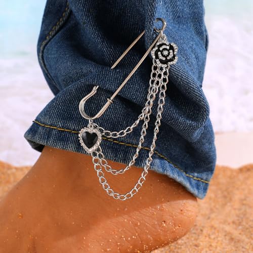 2 Pcs Chain Tassel Brooch Pins Set for Women Rhinestone Heart Flower Star Long Chain Bling Crystal Pearl Sweater Shawl Clips Punk Collar Chain Brooch Costume Jewelry - style: Style D