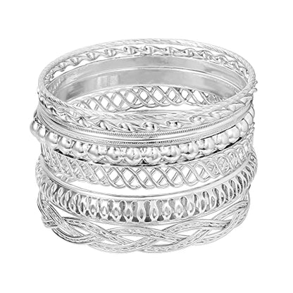 COLORFUL BLING 5-12Pcs Boho Indian Bangles for Women Twisted Chunky Stackable Cuff Bangle Statement Jewelry Handcuffs Wedding Layered Cable Smooth Bracelets Set - color: 7pcs silver