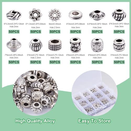 Craftdady 600Pcs Antique Silver Spacer Beads 12 Styles Tibetan Metal Barrel Tube Bicone Flat Round Snowflake Pumpkin Bead Spacers for Jewelry Making Hole: 2-3mm - color: 12 Styles, 600Pcs, Antique Silver