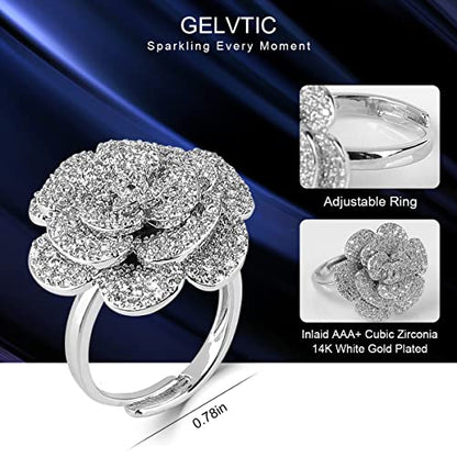 Cocktail Rings Silver Rose Flower Ring for Women Adjustable 18K Gold Plated Snowflake Open Wrap Wedding Statement Valentine Gift for Lover Wife Christmas - style: JZ06 Flower Ring-Silver