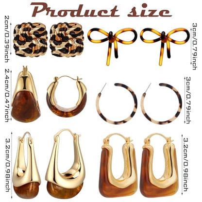 Sureio 6 Pairs Tortoise Shell Earrings for Women Leopard Resin Earrings Resin Brown Chunky Gold Hoops Jewelry Gift