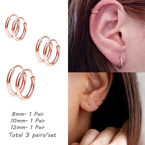 EPIRORA Silver Hoop Earrings- Cartilage Endless Small Hoop Earrings Set for Women Men, 3 Pairs of Hypoallergenic 925 Sterling Silver Tragus Earrings Nose Lip Rings - color: 3 Pairs(8/10/12mm)-Rose Gold