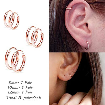 EPIRORA Silver Hoop Earrings- Cartilage Endless Small Hoop Earrings Set for Women Men, 3 Pairs of Hypoallergenic 925 Sterling Silver Tragus Earrings Nose Lip Rings - color: 3 Pairs(8/10/12mm)-Rose Gold