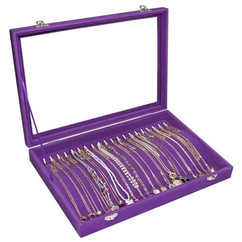 Vicoter 20 Hooks Necklace Organizer,Velvet Necklace Holder Tray with Lid | Jewelry Organizer for Necklace Pendant Chain,Women Jewelry Box,for Home Use and Jewelry Store,Jewelry Display for Drawer - color: Purple, size: 20 Hook