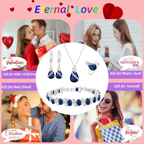 LMXXVJ Jewelry Set for Women,Teardrop Cubic Zirconia Necklace Earrings Adjustable Ring Bracelet Jewelry Set Formal Jewelry Gift - color: SYSD-White Gold-Blue