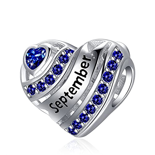 COMORE Birthstone Heart Charms for Charms Bracelet-925 Sterling Silver Love Heart Bead Charms for Bracelets and Necklaces, Birthday Gifts for Women. - style: September