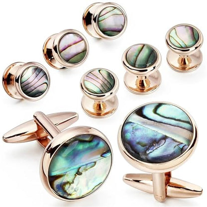 Elegant Mother-of-Pearl Cufflink & Stud Set for Men - Trendy Round Design for Weddings, Parties, and Ceremonies - color: Colorful
