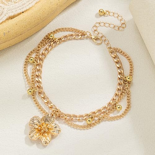 Flower Tassel Charm Anklet for Women Layered Boho Floral Ankle Chain Bracelet Adjustable Summer Beach Jewelry Foot Accessories - color: Gold