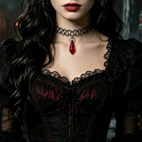 Vintage 90s Choker Red Crystal Gems Pendent Dripping Blood Necklace Black Tattoo Choker Necklace Vampire Accessories Halloween Jewelry Gift for Women