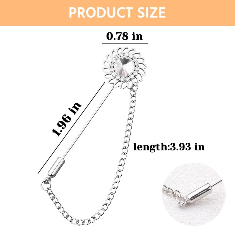 Mens Sunflower Lapel Pin Crystal Rhinestone Brooches for Men Hanging Chain Brooch Suit Pin Flower Lapel Pins for Men Wedding Business Party - color: White-J