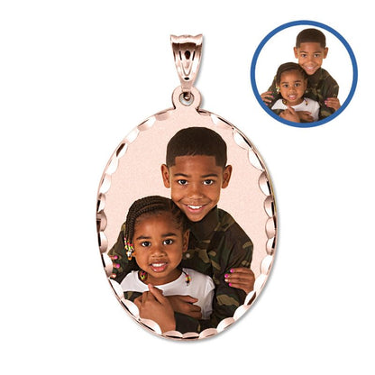 Oval w/Diamond Cut Edge Custom Photo Engraved Pendant - in Solid 14K, 10k, Yellow, White, Or Sterling Silver - color: 14K Rose Gold + Photo, size: 1 x 1-1/4 Inch