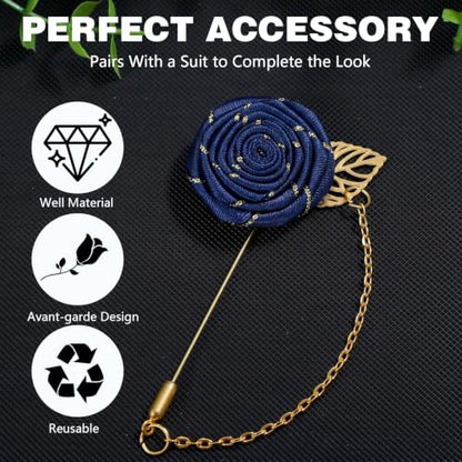 Gold Lapel Pin for Men, Gold Foil Brooch Men's White Flower Satin Lapel Pin with Metal Chain for Suits Professional Tuxedo Groom Wedding Brooch - color: Navy Blue