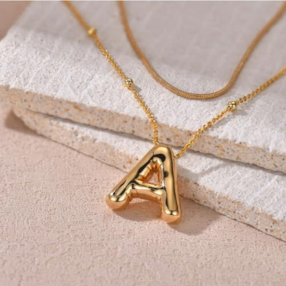 LUCA SMITH 2-Piece Initial Necklaces for Women, Dainty Balloon Bubble A-Z Letter Necklace Set, Name Letter Alphabet Pendant Layered Choker Necklaces Personalized Jewelry Gift - color: Gold bubble letter necklace, style: Initial Set-A