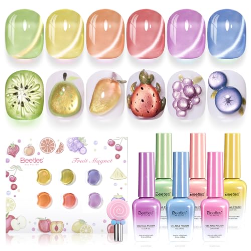 Beetles Fruit Magnet Cat Eye Gel Nail Polish Set, 6 Colors Glass Cat Eye | Glitter Gel Polish Kit Pink Purple Blue Yellow Green Magnetic Shine Soak Off UV Salon DIY Manicure Gift for Women - color: 0-0-0-Fruit Magnet