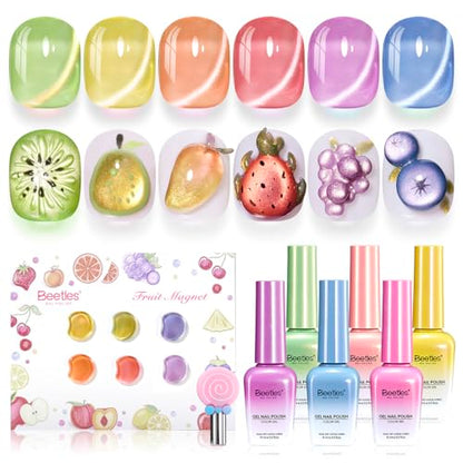 Beetles Fruit Magnet Cat Eye Gel Nail Polish Set, 6 Colors Glass Cat Eye | Glitter Gel Polish Kit Pink Purple Blue Yellow Green Magnetic Shine Soak Off UV Salon DIY Manicure Gift for Women - color: 0-0-0-Fruit Magnet