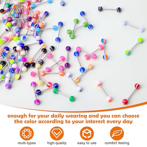 100Pcs 14G Acrylic Tongue Rings, Multi Color Assortment Flexible Tongue Rings Barbells Mix Piercing - style: 50 Pairs-Metal Bar