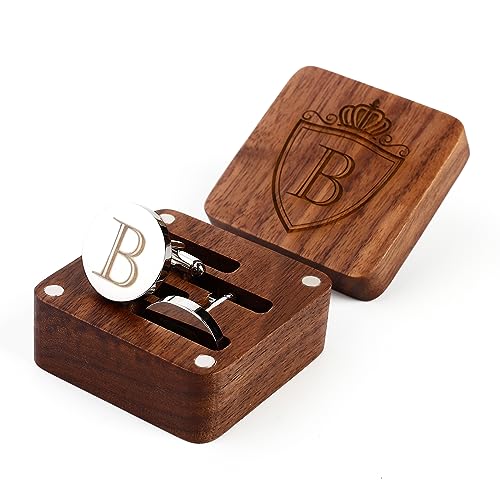 Mens Initial Silver Cufflinks A-Z Alphabet Letter Steel Cuff Links with Engraved Walnut Wood Box Groom Groomsman Wedding Set… - style: B