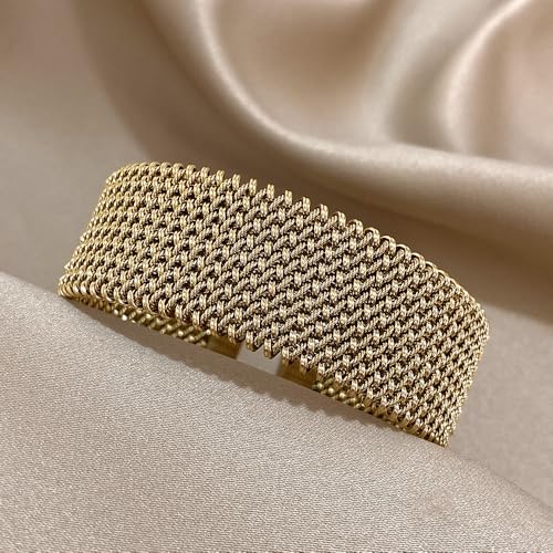 hotoo Gold Open Cuff Bangles Wide Woven Bracelets For Women Stainless Steel Stackable Jewelry For Xmas Birthday Gifts - style: Cuff Bracelet