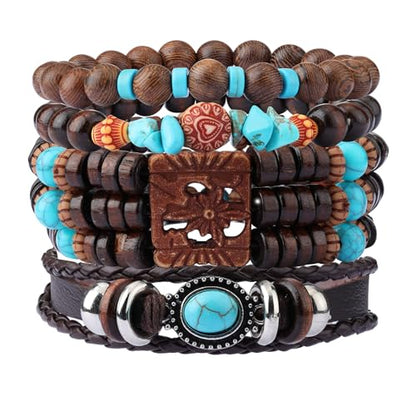 Mens Beaded Bracelets Tribal Wooden Elastic Adjustable Prayer Beads Wrap Cuff for Women - color: H: 4pcs