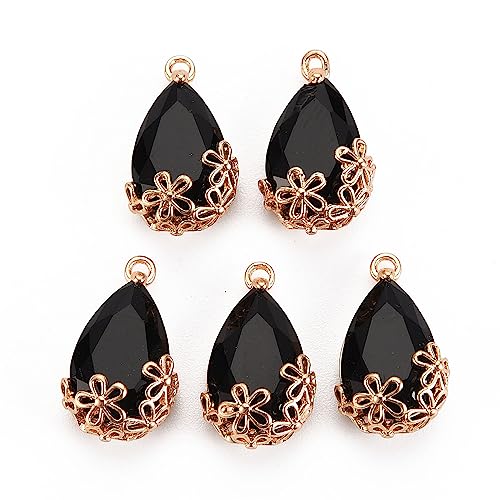 FASHEWELRY 50Pcs Faceted Teardrop Glass Charms Transparent Crystal Drop Pendants with Light Gold Brass Flower Setting for DIY Bracelet Necklace Earring Jewelry Craft Making - color: Black