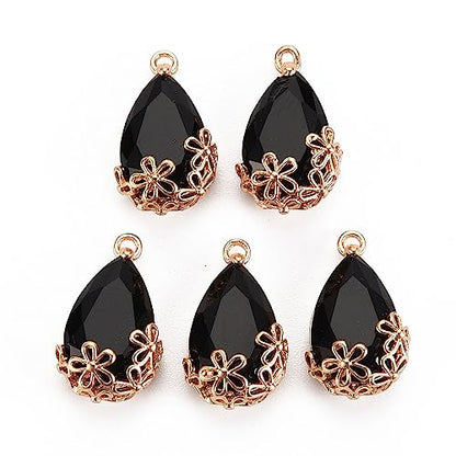 FASHEWELRY 50Pcs Faceted Teardrop Glass Charms Transparent Crystal Drop Pendants with Light Gold Brass Flower Setting for DIY Bracelet Necklace Earring Jewelry Craft Making - color: Black