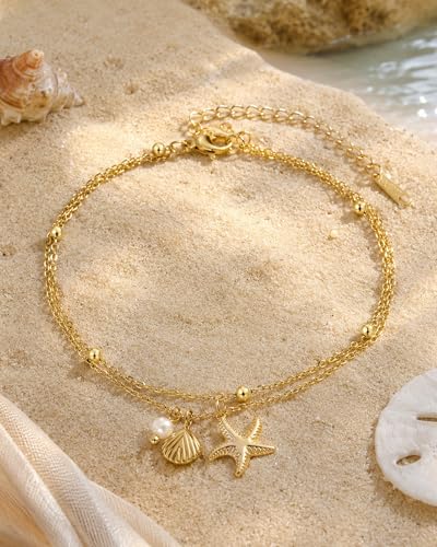 Gold Shell Anklets for Women Dainty Gold Starfish Seashell Ankle Bracelets Boho Lightweight Starfish Shell Pearl Anklets Summer Beach Foot Jewelry Accessories
